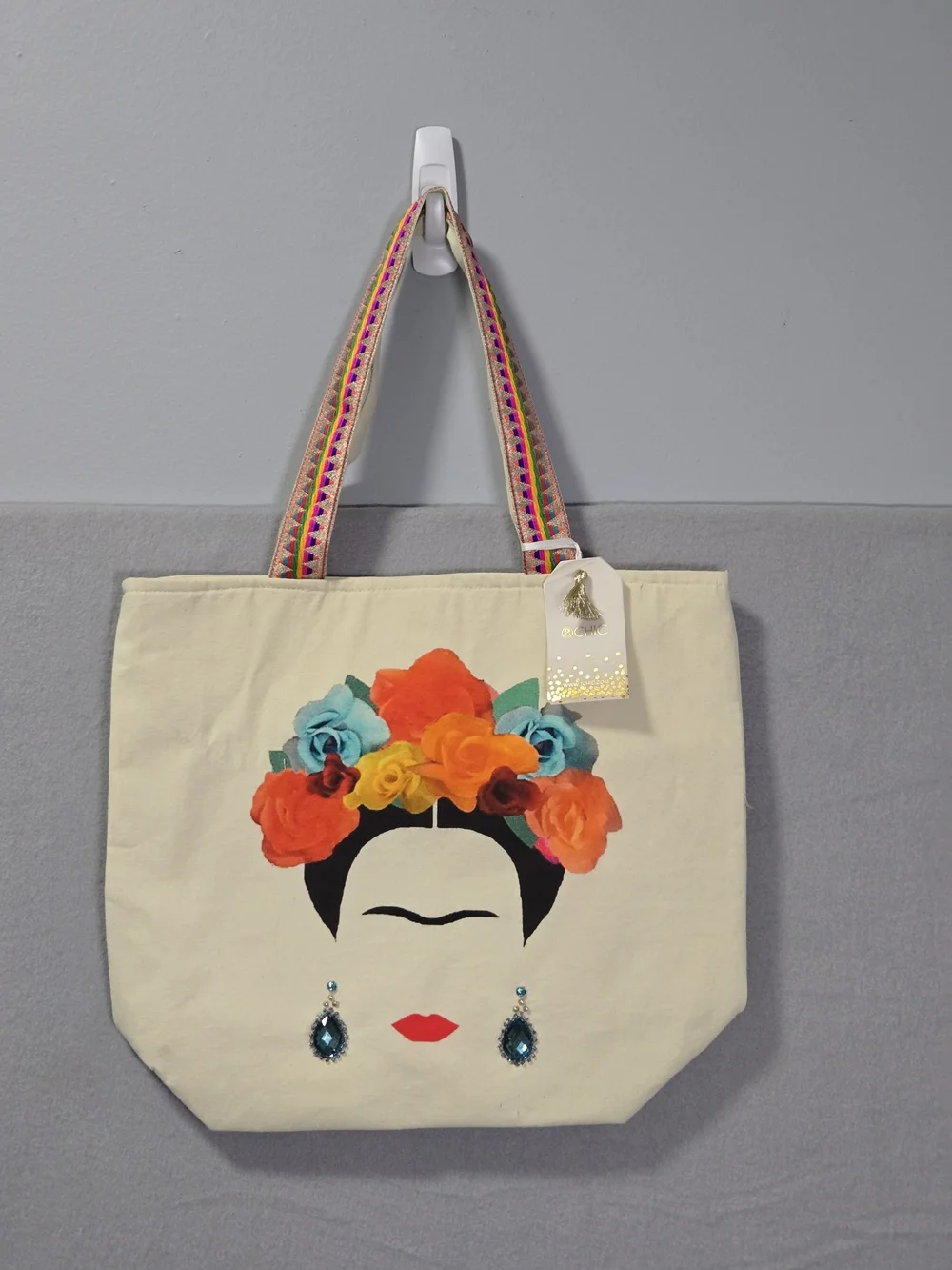 Frida Inspired Colorful Fabric Tote Modern Classic 2 Chic With Earring Accents